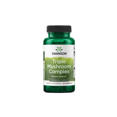 A green bottle labeled “Swanson Triple Mushroom Complex 60 Capsules – 3 Mushroom Formula,” featuring adaptogenic mushrooms for comprehensive immune support.